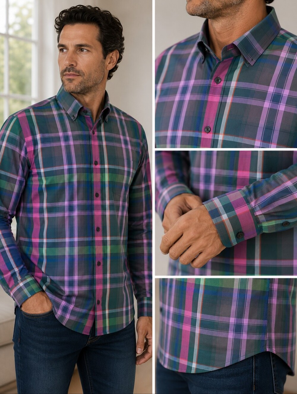 Alan Flusser Mens Plaid Button Down Shirt Pink Green Purple 100% Cotton L